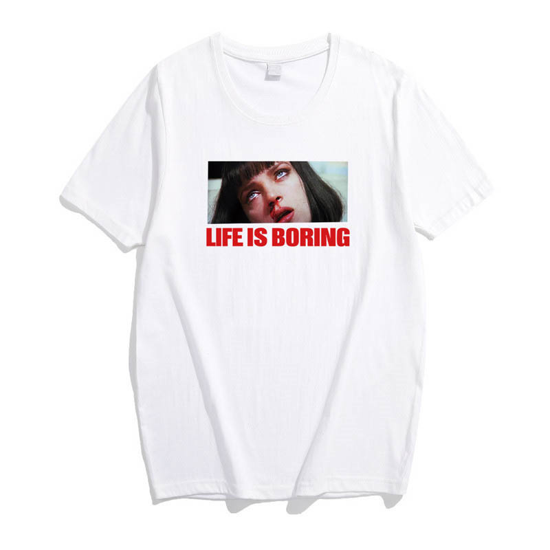 Spoof Harajuku White Female T-shirt Summer Pulp Fiction Tee Shirt Femme Life Is Boring Letters Print Women Tshirt Streetwear