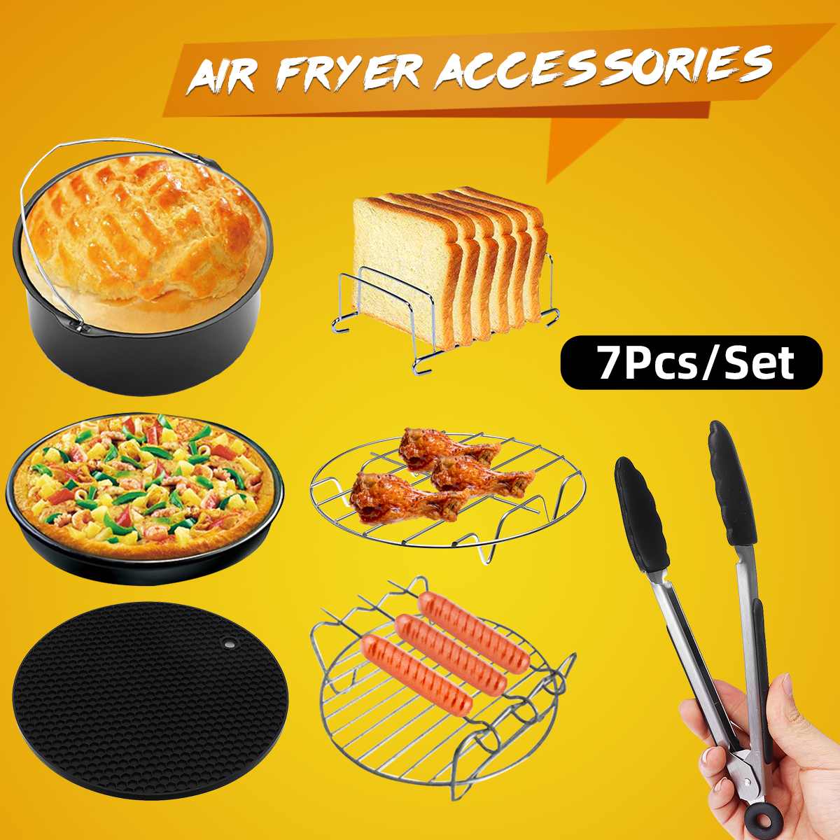 7PCS Electric Deep Fryer Parts Fit for 7 Inch 3.5-5.3QT Airfryer Baking Basket Pizza Pan Plate Grill Pots Kitchen Cooking Tools