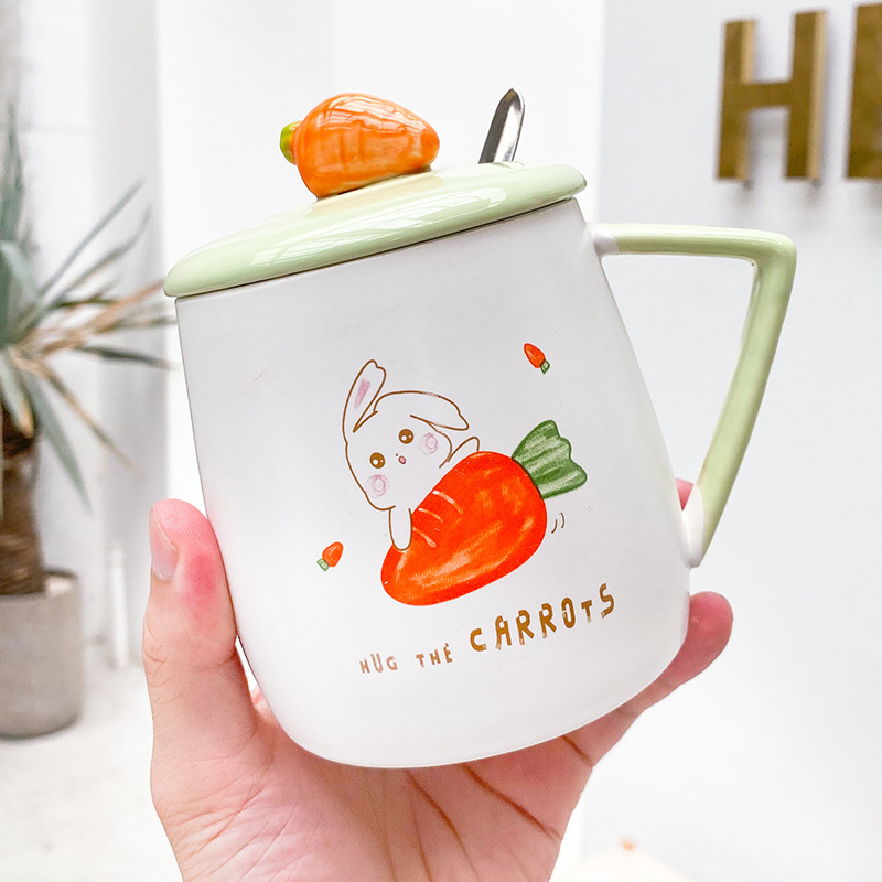 Cartoon cute radish rabbit ceramic cup with lid spoon simple mug small fresh household milk cup