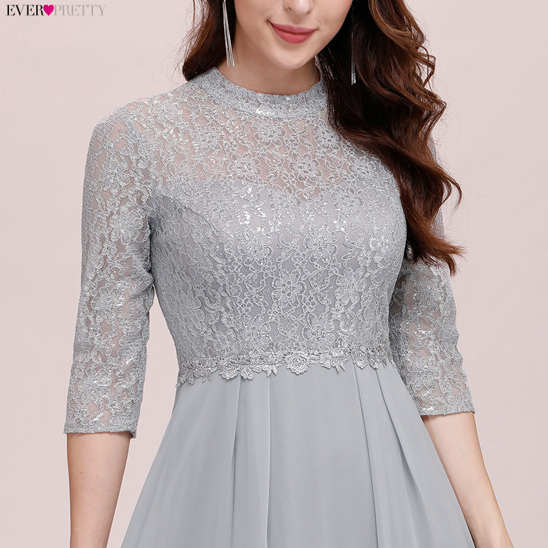 Elegant Gray Bridesmaid Dresses Ever Pretty A-Line High Neckline 3/4 Sleeve Sequined Pleated Lace Wedding Party Gowns Vestidos