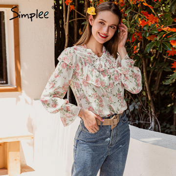 Simplee Casual bow tie ruffle women blouse shirt Trumpet sleeve flower female tops blouse Girlish style chiffon ladies blouse