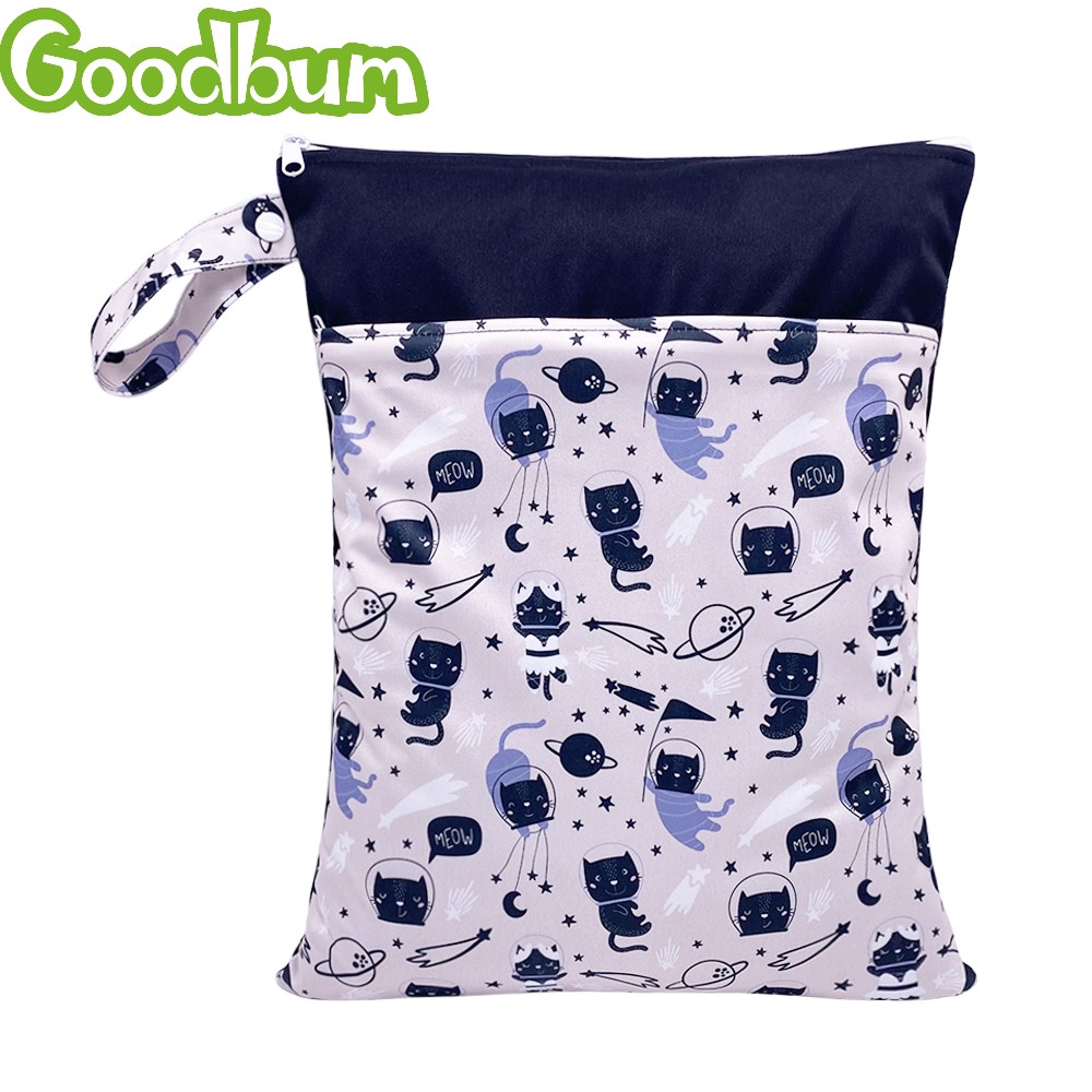 Goodbum PUL Cute Cat Wet Bag Baby Waterproof Cloth Diaper Bag Double Pocket Zippers Print Reusable Baby Nappy Diaper Bag