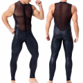 Sexy Mens Undershirts Jumpsuit Mesh PU Leather See Through Bodysuits Wrestling Singlet Gay Leotard Dance Clubwear Pants Swimwear