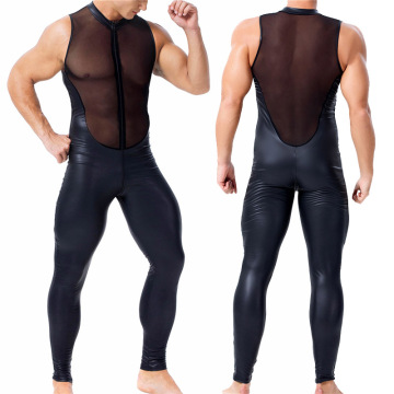 Sexy Mens Undershirts Jumpsuit Mesh PU Leather See Through Bodysuits Wrestling Singlet Gay Leotard Dance Clubwear Pants Swimwear