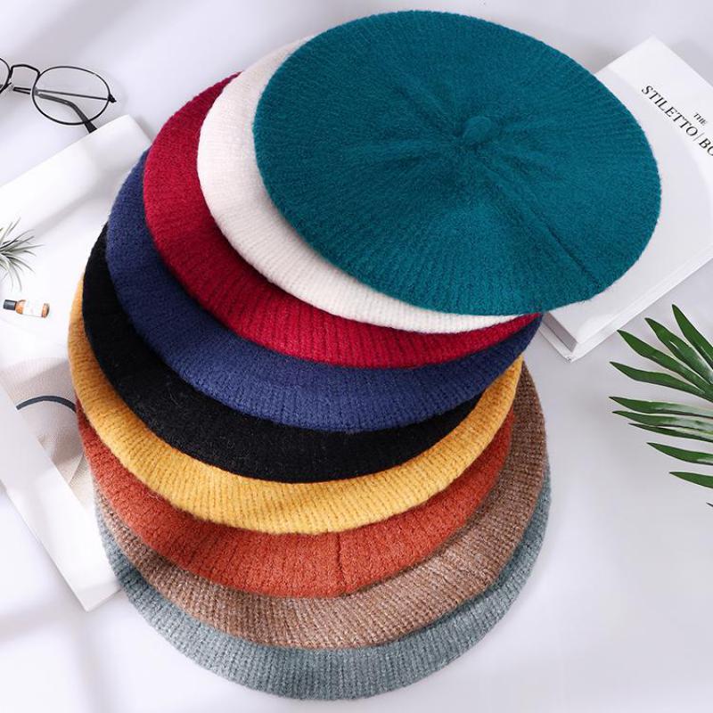 COKK Octagonal Hat Female Beret Women Autumn Winter Knitted Hats For Women Knitting Wool Big Size French Hat Gorras Solid