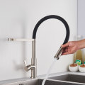 brushed nickel with black rubber kitchen sink faucet hot cold mixer crane tap deck mount 360 degree rotation