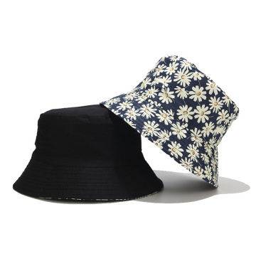 New Western Style Bucket Hats Women Chrysanthemum Print Double-sided Wearing Fisherman Hat Outdoor Sun Leisure Basin Cap
