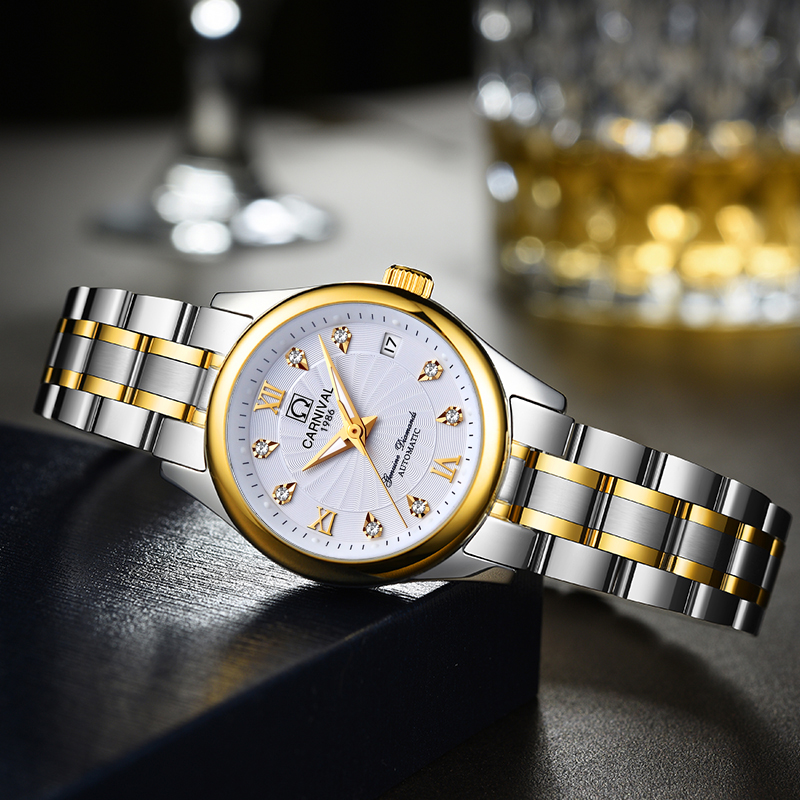 Relogio Feminino CARNIVAL Luxury Women Mechanical Watches Ladies Waterproof Crystal Sapphire Automatic Wristwatch Calendar Clock