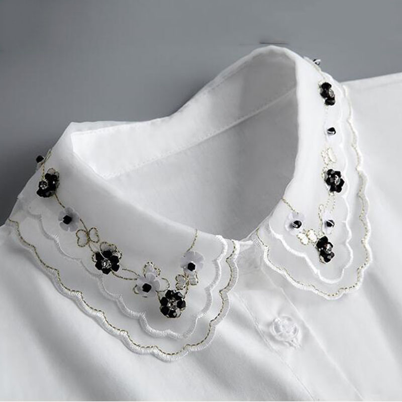 Front Tie White Fake Collar Stand Beads Detachable Collar Fake Women Vintage Crystal Lace Ladies False Blouse Collar Half Shirt