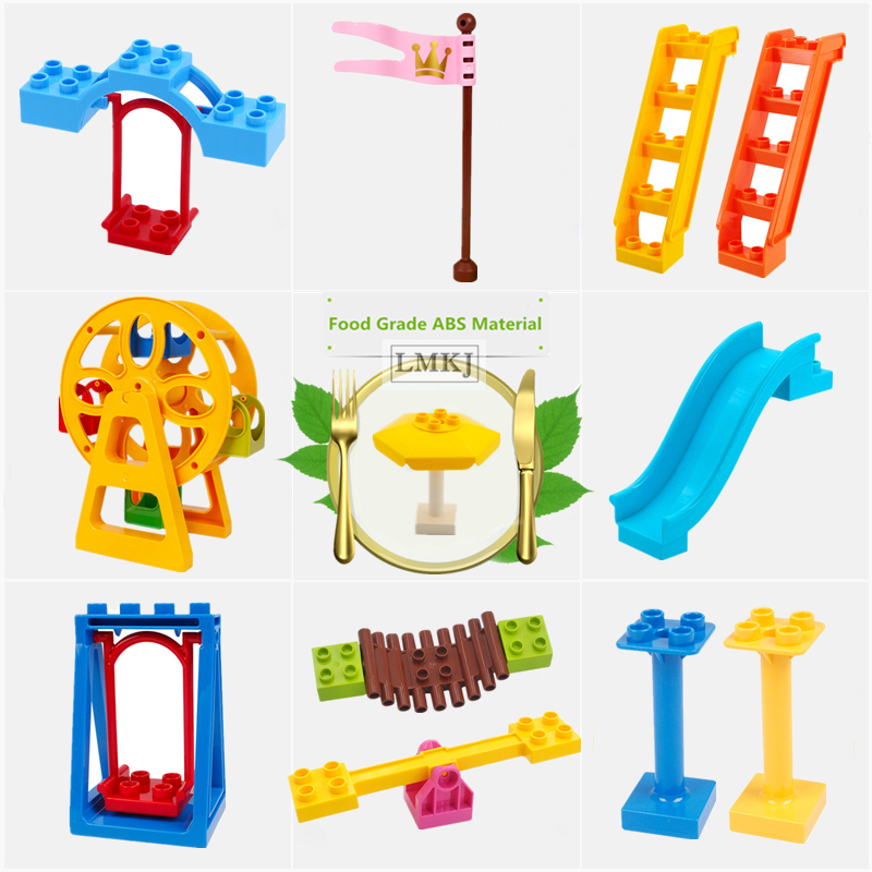 DIY Big Size Toys For Children Slide Swing Ferris Wheel Duploe Building Blocks Accessories Bridge Stairs Parts Bricks