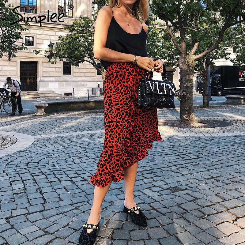 Simplee Sexy leopard midi pencil skirt women Autumn high waist ruffle red girl skirts 2018 Vintage female korean winter skirt