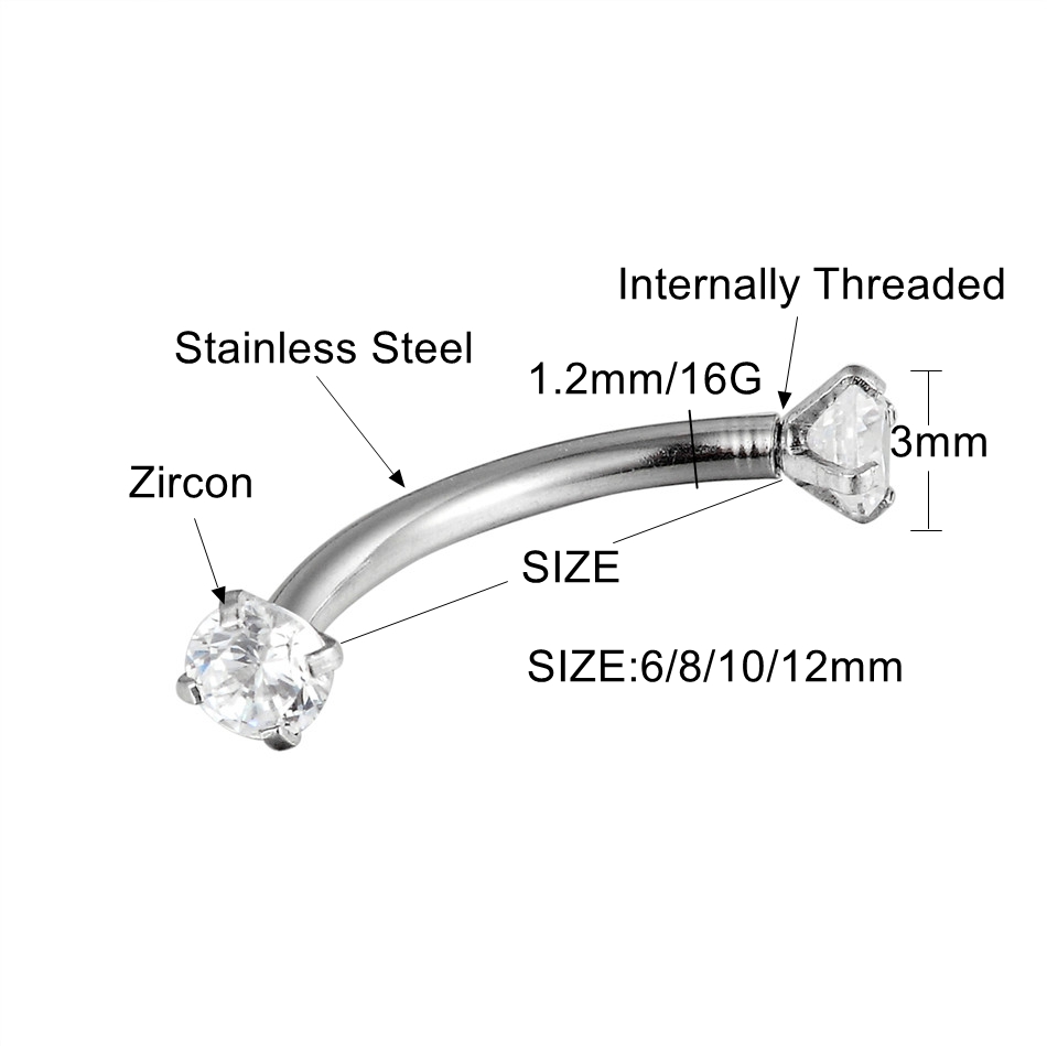 G23titan AAA Zircon 316L Stainless Steel Internally Threaded Bananabells Body Piercing Jewelry for Ear Belly Eyebrow Lip Earring
