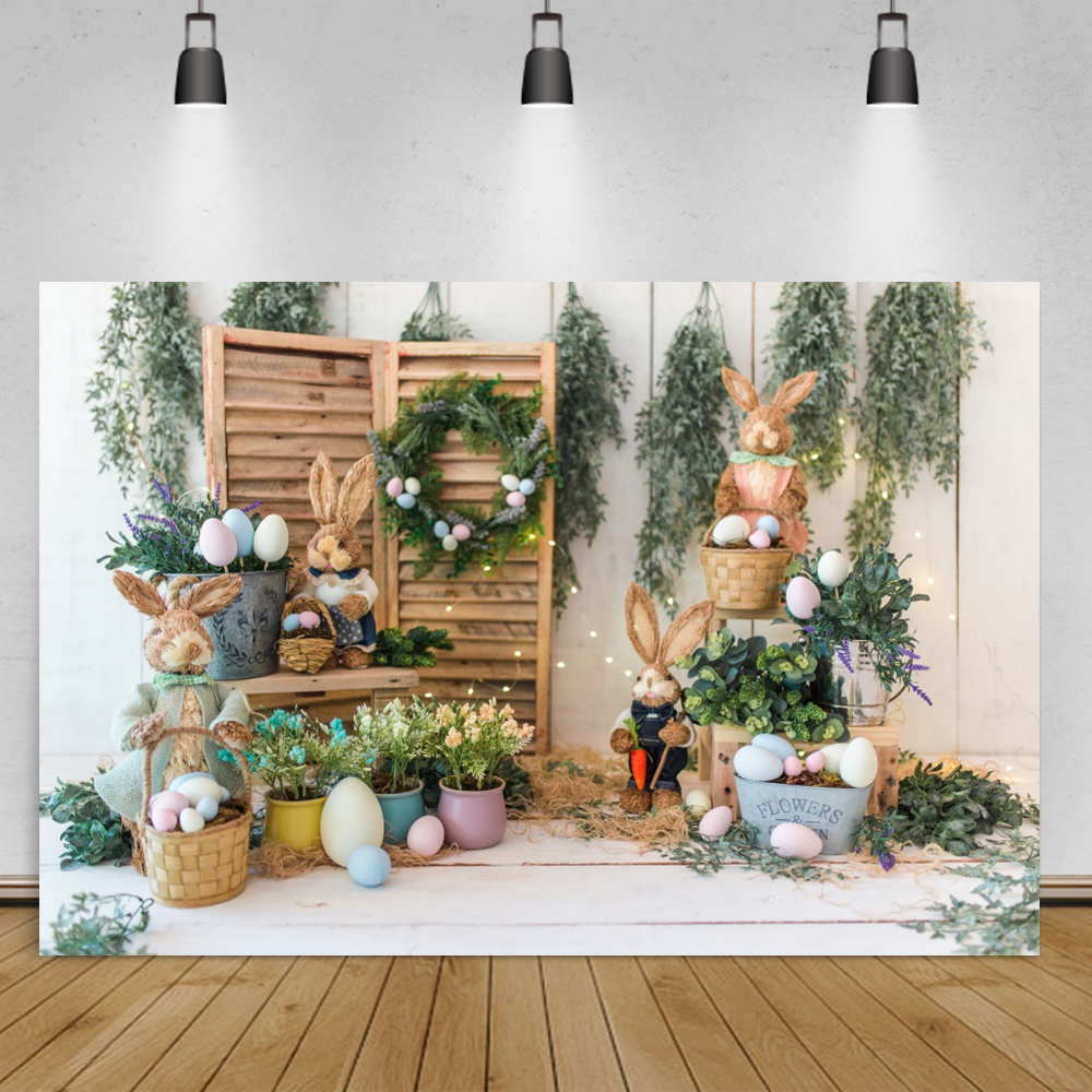 Easter Background Blue Wood Wall Fence Spring Green Grass Potted Flower Baby Kid Portrait Photography Backdrop For Photo Studio