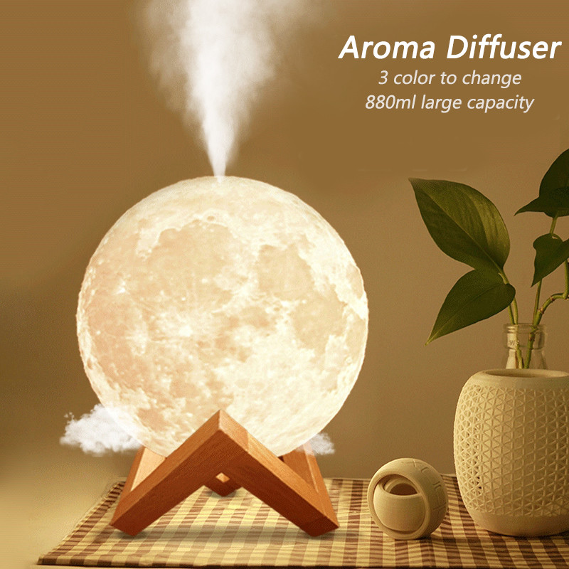 880ML USB Aroma Diffuser Ultrasonic Essential Oil Air Humidifier 3D Moon Lamp Night Light Cool Mist Purifier
