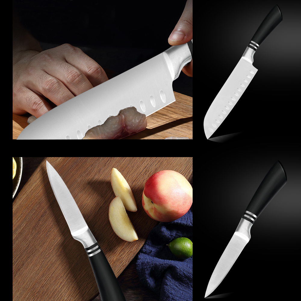 Sowoll 7PCS Stainless Steel Kitchen Knives Set Tool Chef Bread Slicing Santoku Utility Paring Knife Storage Holder Knife Sheath