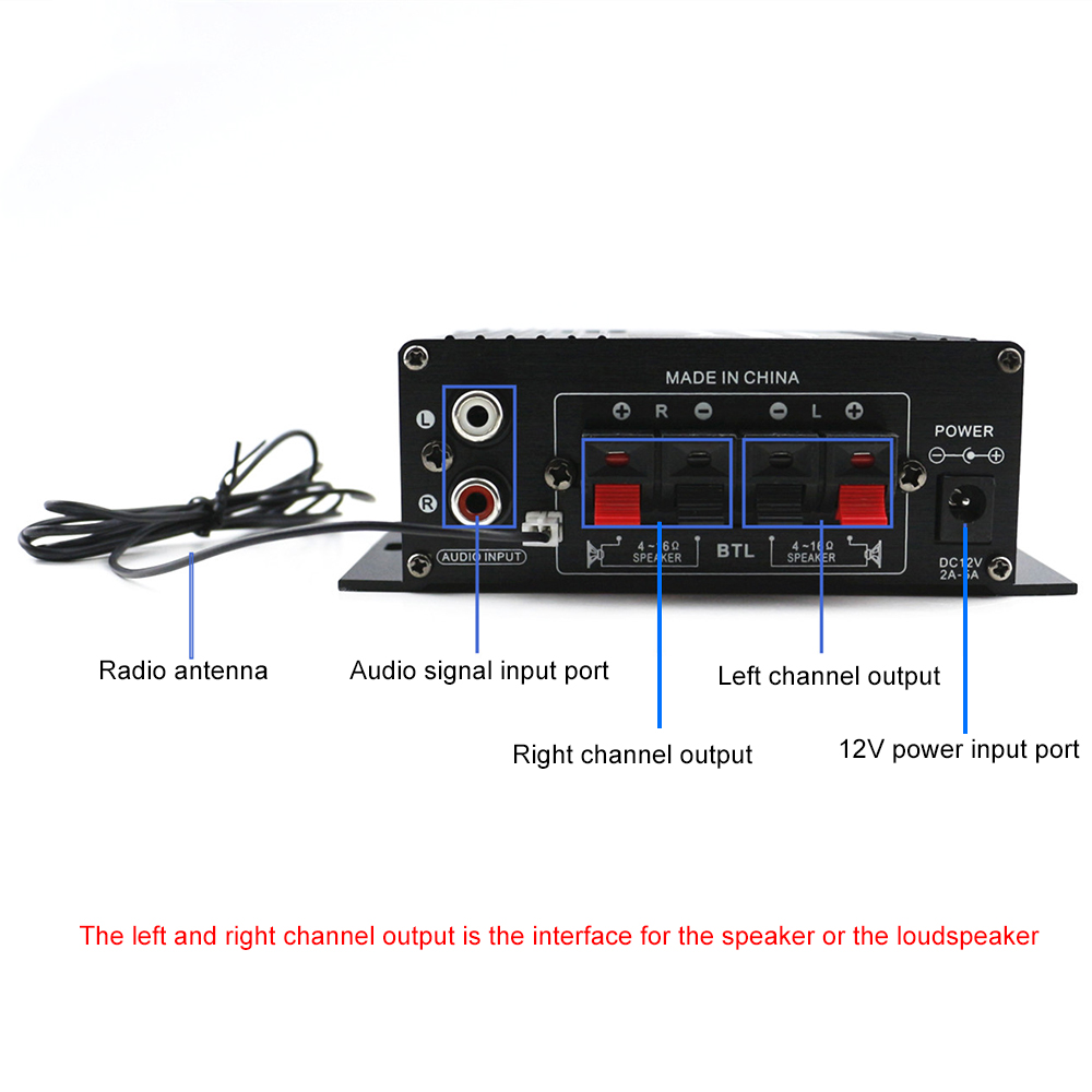 AK370 12V Mini Audio Power Amplifier Bluetooth Amplifier Audio Receiver MP3 Player FM Radio with Remote Control for Car/Home Use