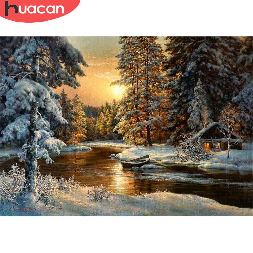 HUACAN Cross Stitch Embroidery Snow Tree Scenery Cotton Thread Painting DIY Needlework Kits 14CT Winter Home Decoration