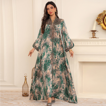 Green Floral Abaya Kaftan Maxi Dress Women Eid