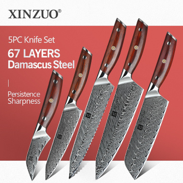 XINZUO 5 PCS Knife Set High Quality Carbon Damascus Stainless Steel Japanese Series Damascus Chef Santoku Bread Utility Knives