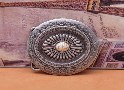 Huge Vintage Tribal Floral Engraved Turquoise Bead Leathercraft Handmade Belt Buckle Replacement