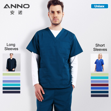 ANNO Solid Color Scrubs Set Work Cloths with Short/Long Sleeves Nursing Uniform Tops Trousers Nurse Suit Hospital Dress