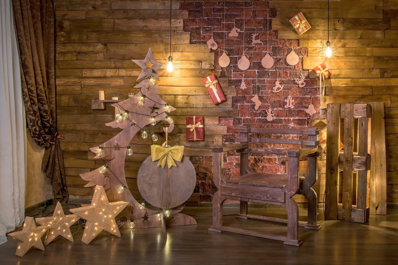 Laeacco Christmas Tree Wood Board Brick Wall Photo Backdrop Star Light Curtain Chair Photography Backgrounds For Photo Studio