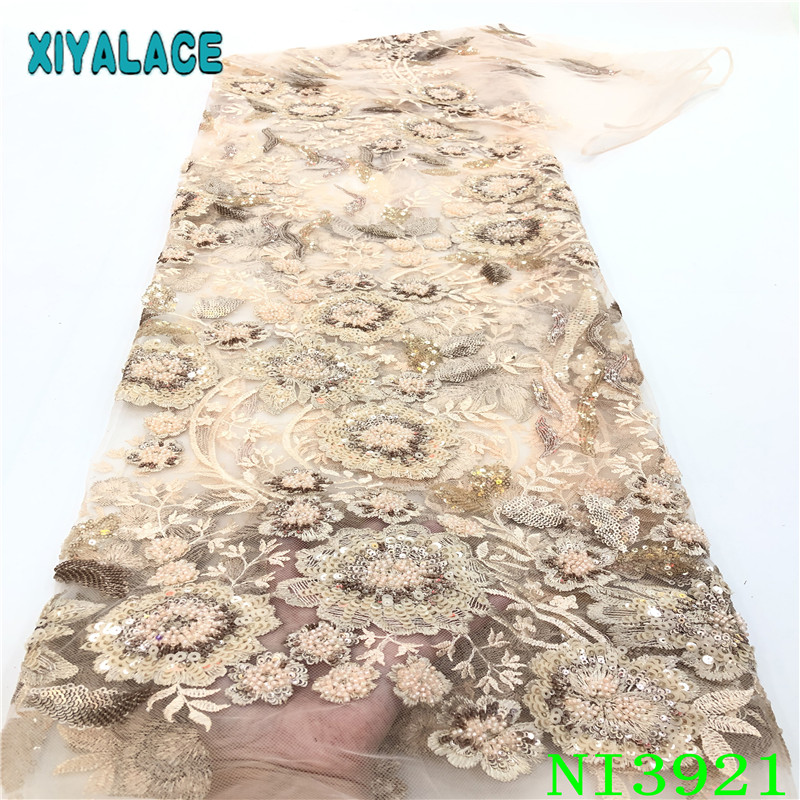 Perfect Quality Heavy Handmade Beaded Mesh Lace Sequin Fabric Embroidery Net Lace with Beads for African Wedding Dress KSNI3921