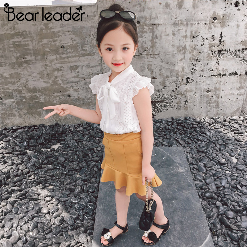 Bear Leader Girls Dress 2021 New Kids Clothing Summer Lace Short-sleeved Top + Lotus Leaf Dress 2pcs suit Children's Clothes Set