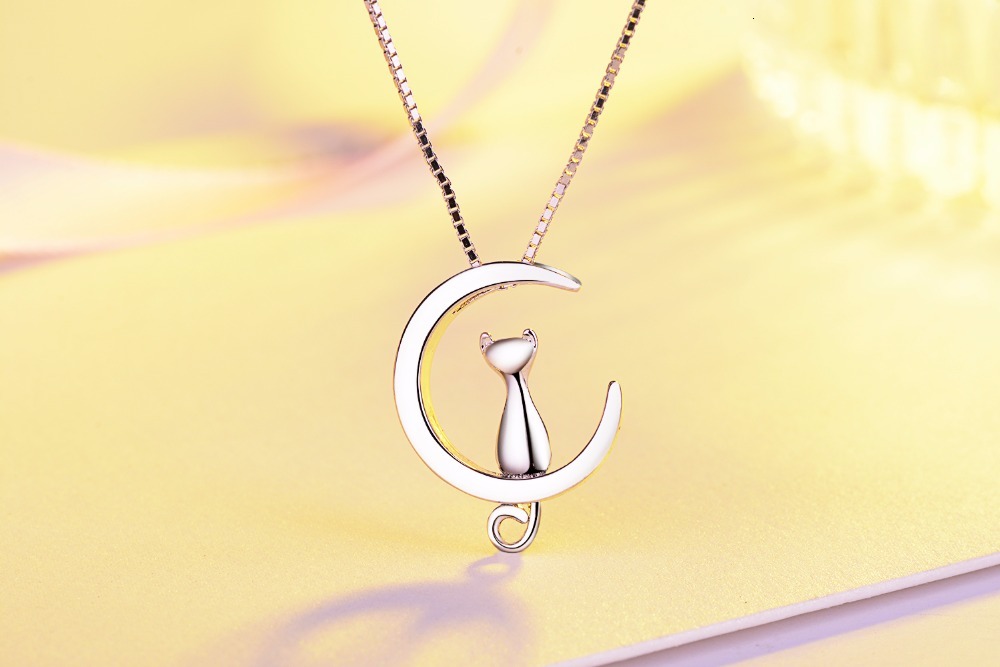 925 Sterling Silver Necklace For Women Moon Kitten Cat Necklaces & Pendants Link Chain Kolye S-n187