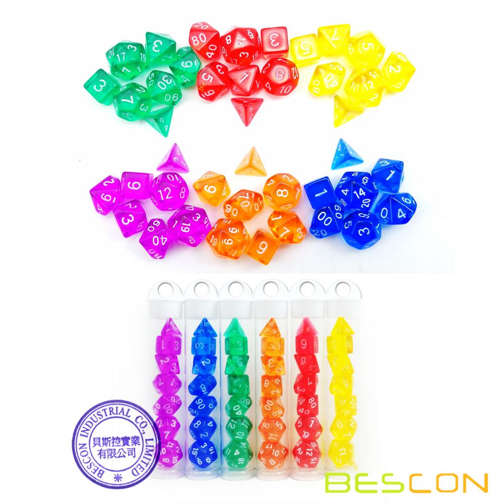 Bescon Mini Translucent Polyhedral RPG Dice Set 10MM, Small RPG Dice Set D4-D20 in Tube Packaging, Assorted Colored of 42pcs