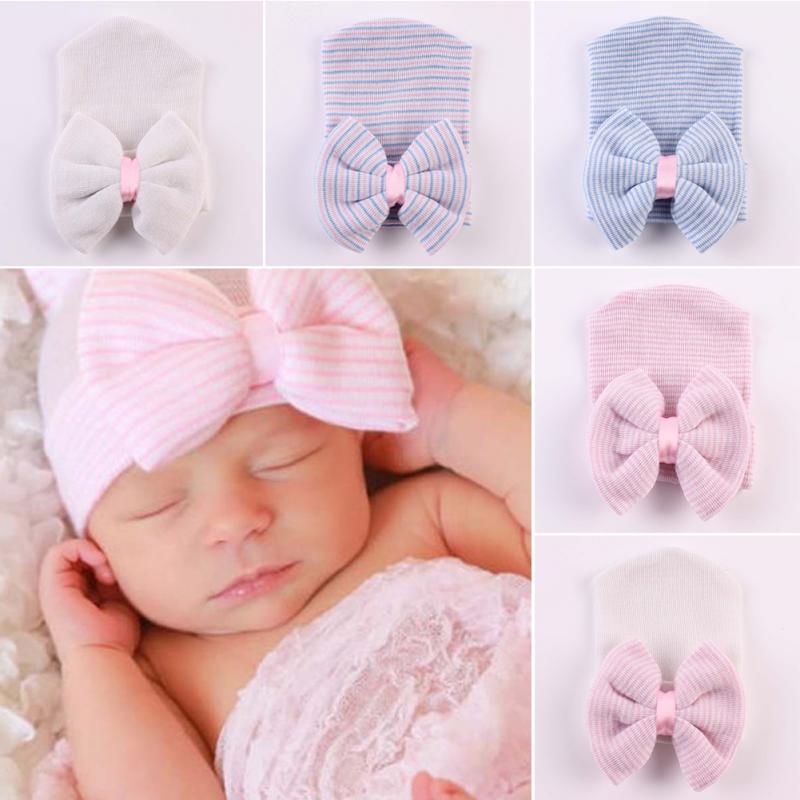 Soft Elastic Cotton Newborn Baby Girl Hat With Bow Knot Infant Beanie Solid Big Bowknot Cap Baby Cap Accessories Children Hats