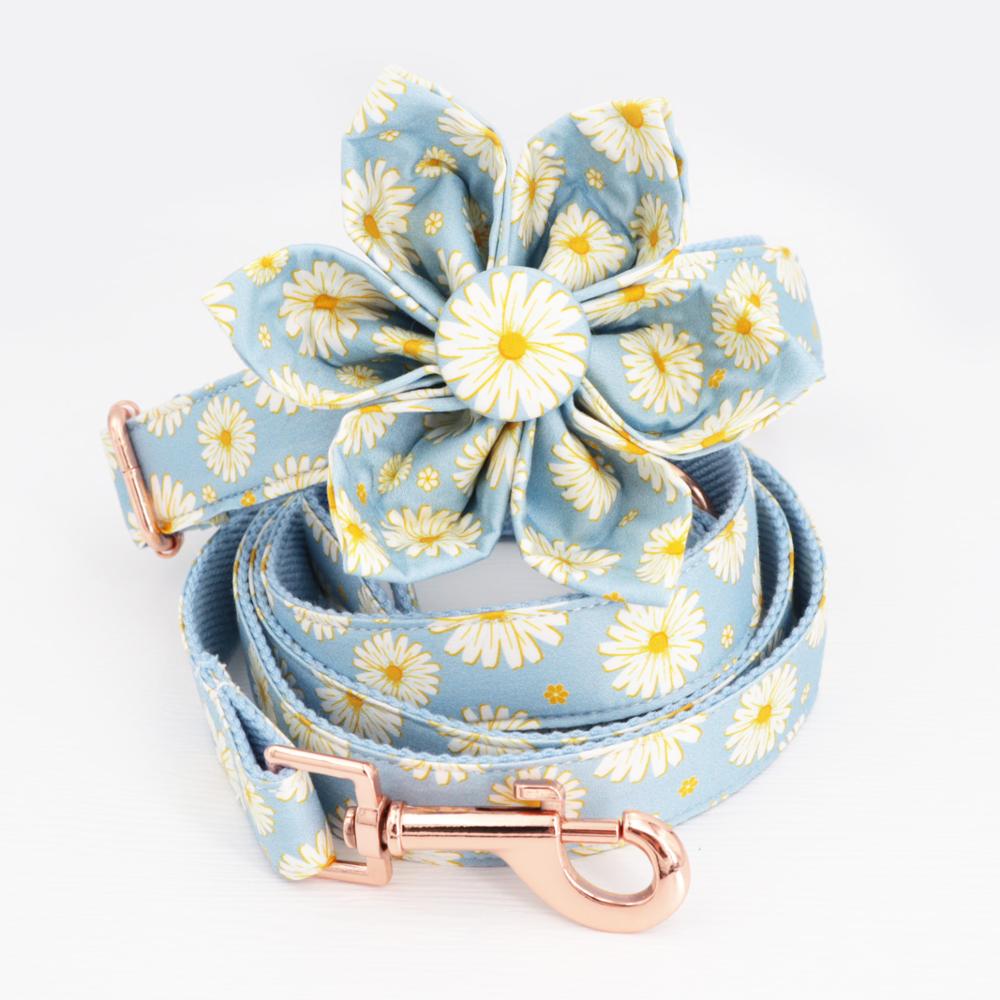 Blue Daisy dog collar dog flower and leash set for pet dog cat with rose gold metal buckle