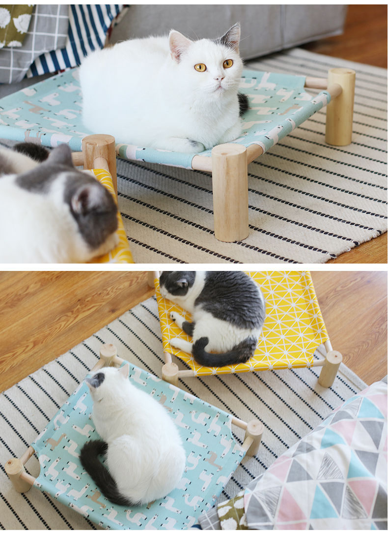 Simple Wooden Canvas Cat Bed Elevated Cat Hammocks Bed Wood Cat Lounge Bed for Small Dogs Cats Pet Accessories