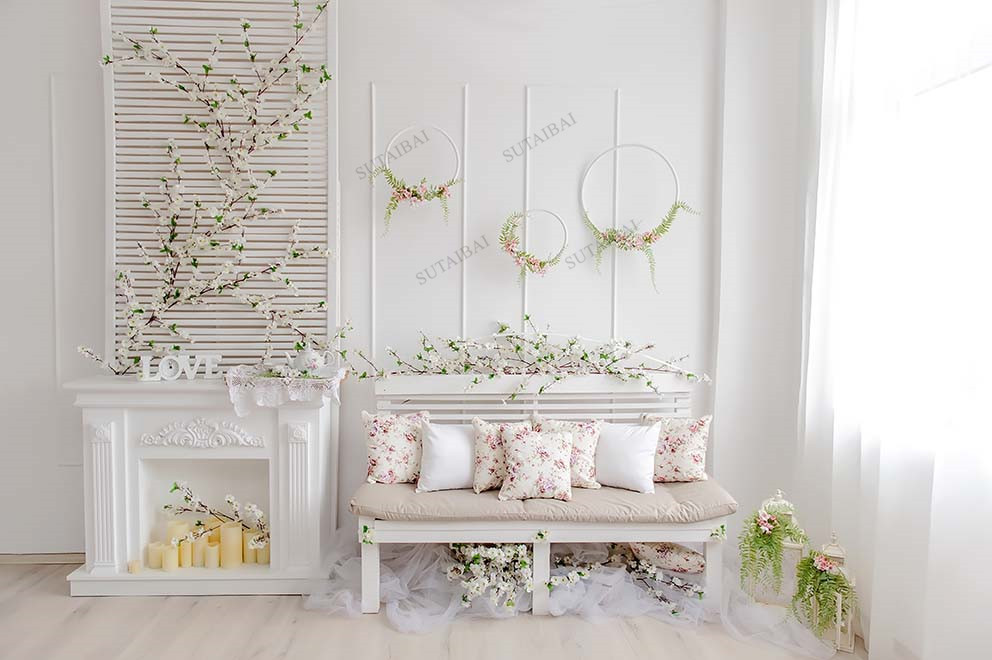 Valentine Day Indoor Decor Photography Background White Window Curtains Wall Flower Chair Backdrops Lover Festival Shoot Vinyl