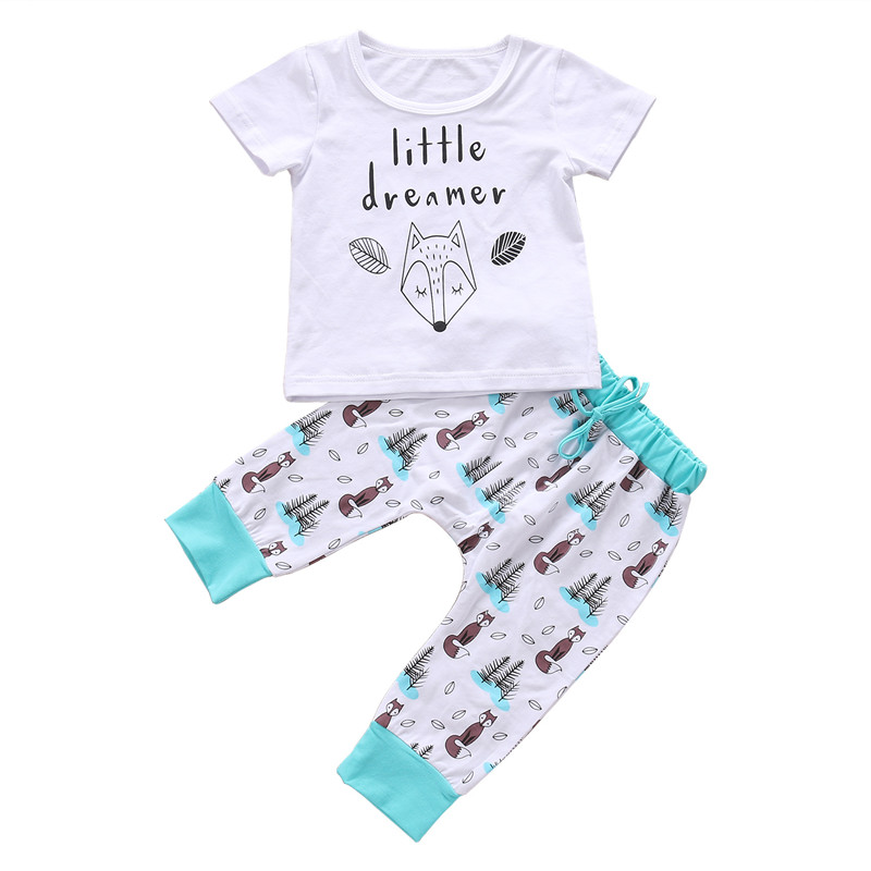 pudcoco 0-2Y summer Newborn Baby Boy girl Clothes set little dreamer fox T-shirt Tops+Pants Outfits Clothes Baby Clothing Set