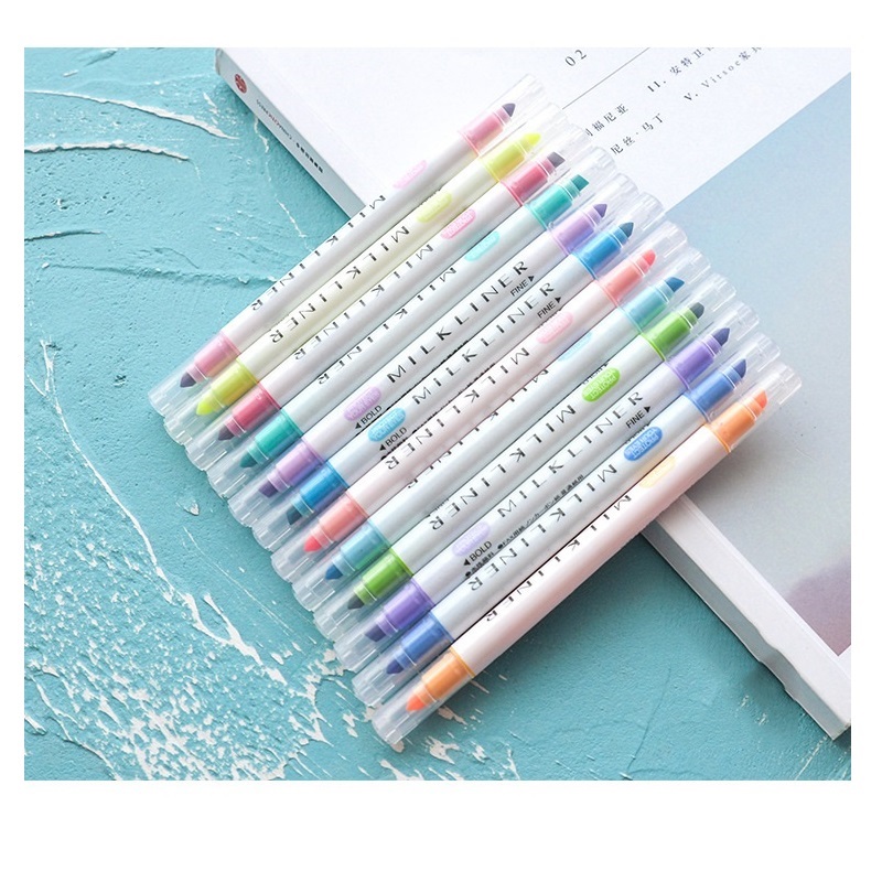 12 pcs Mild color Highlighter pen Dual-side writing Fluorescent Marker for drawing liner Stationery Office School supplies A6103