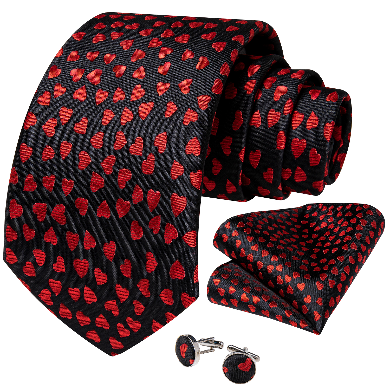 New Fashion Little Red Heart Pattern Black Men Tie 100% Silk Ties Business Wedding Party Tie Set Handkerchief Men's Gift DiBanGu