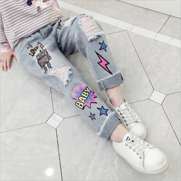 4-14Y Teenage Girls Jeans 2019 Fall Cotton Print Cartoon Baggy Ripped jeans Fashion Girls Leggings Trend of The Pants