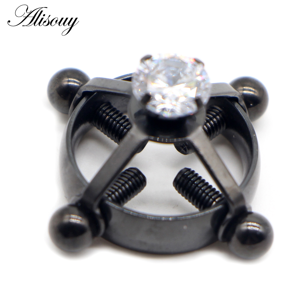 Alisouy 1PC Round Non Piercing Nipple Ring Stainless Steel Inlaid Zircon Shield Fake Nipple Piercing Jewelry Screw Nipple Clamps
