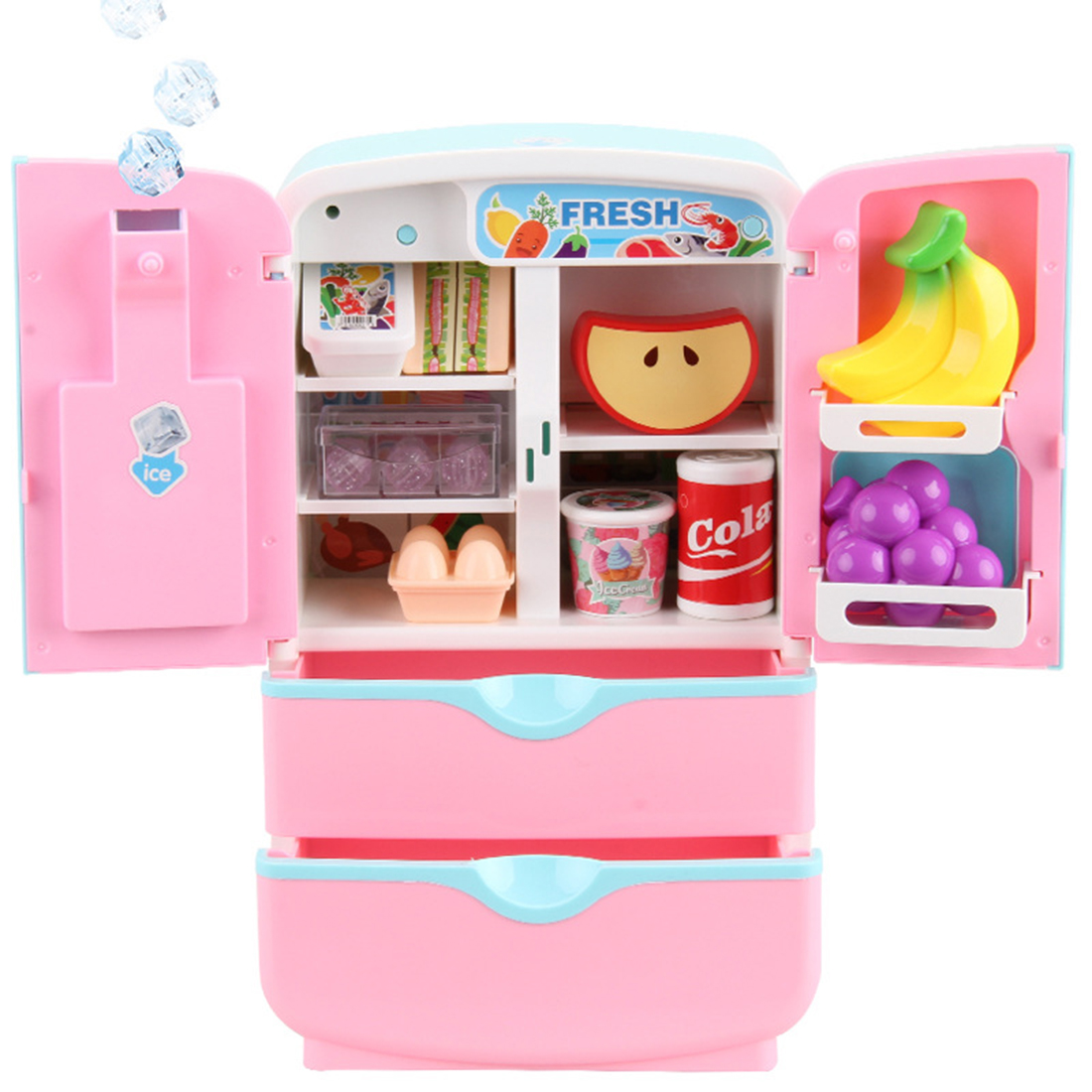 12Pcs/set Kids Double Door Role Play Fridge Toy Touch Sensitive Magic Refrigerator Educational Home Appliance Toy - Pink
