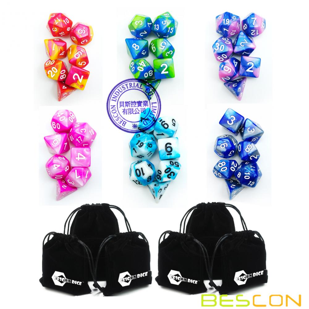 Bescon 6X7 42pcs Polyhedral Dice Set-6 Unique Two-Tone Gemini Polyhedral 7-Die Sets with Pouches for Dungeons and Dragons DND