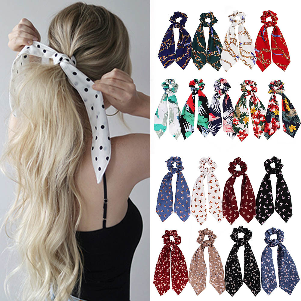 Boho Print Ponytail Scarf Bow Elastic Hair Rope Tie Scrunchies Women Ribbon Hair Bands 2019 Hot Elegant Ladies Hair Accessories