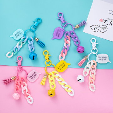 CHUNOU Color Plastic Chain Keychain Cute Bell Tassel Keyring English Letter Key chain Women Bag Sleutelhanger Wholesale Keychain