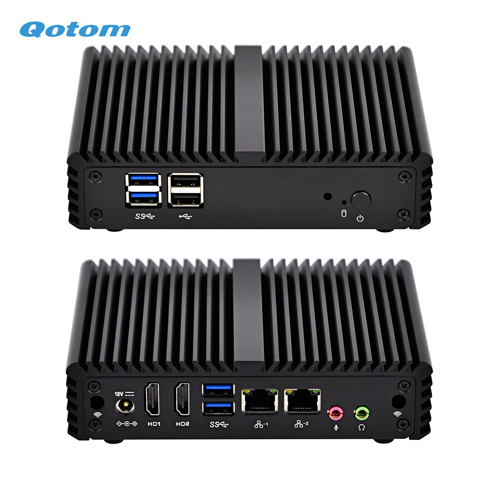Qotom Fanless Mini Industrial PC with 2 LAN and 2 display ports, Celeron J3160 Processor Quad core 2.24 GHz
