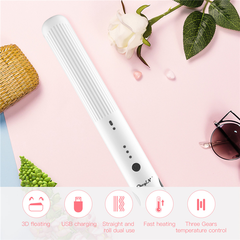 Portable Cordless Hair Straightener Mini Size Curler Hair Flat Iron Plates Adjustable Temperature USB Rechargeable Curling Wand