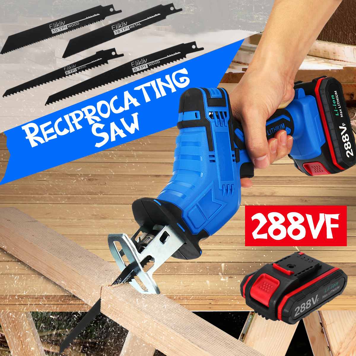 288VF Adjustable Speed Electric Cordless Reciprocating Saw Chainsaw Wood Metal PVC Pipe Cutting Saw Power Blades Tool EU Plug
