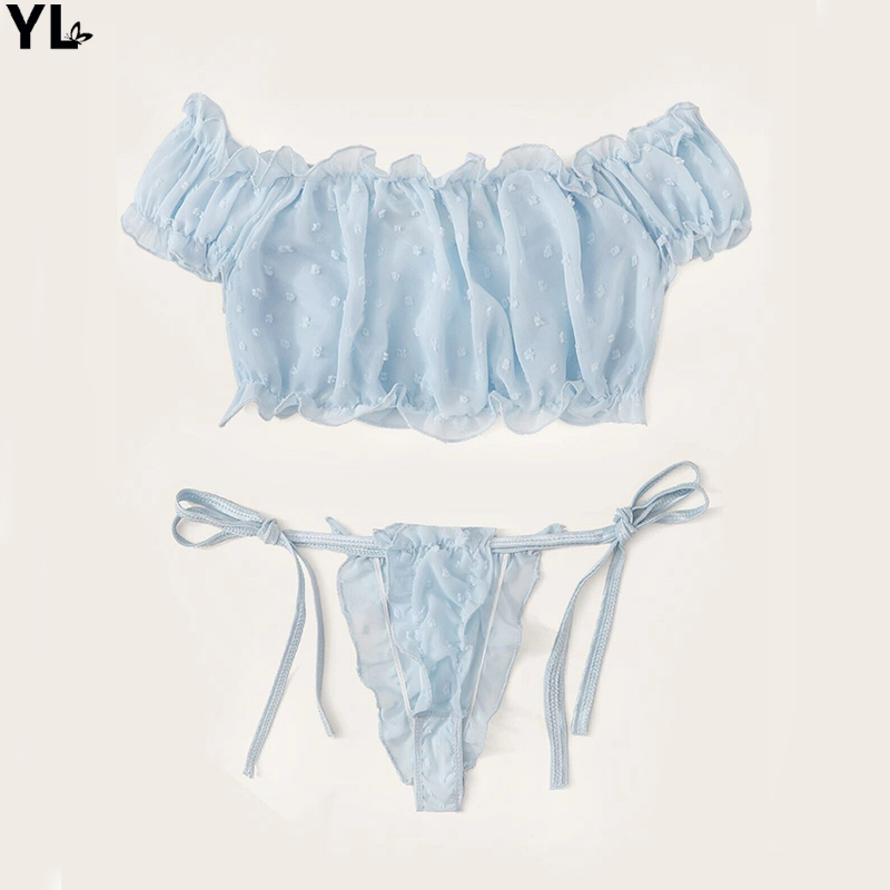 New Women's Lingerie Sexy Mesh Bra Set Off Shoulder Ruffle Underwear Suit Cute Dot Wireless Transparent Bralette Thong Intimates