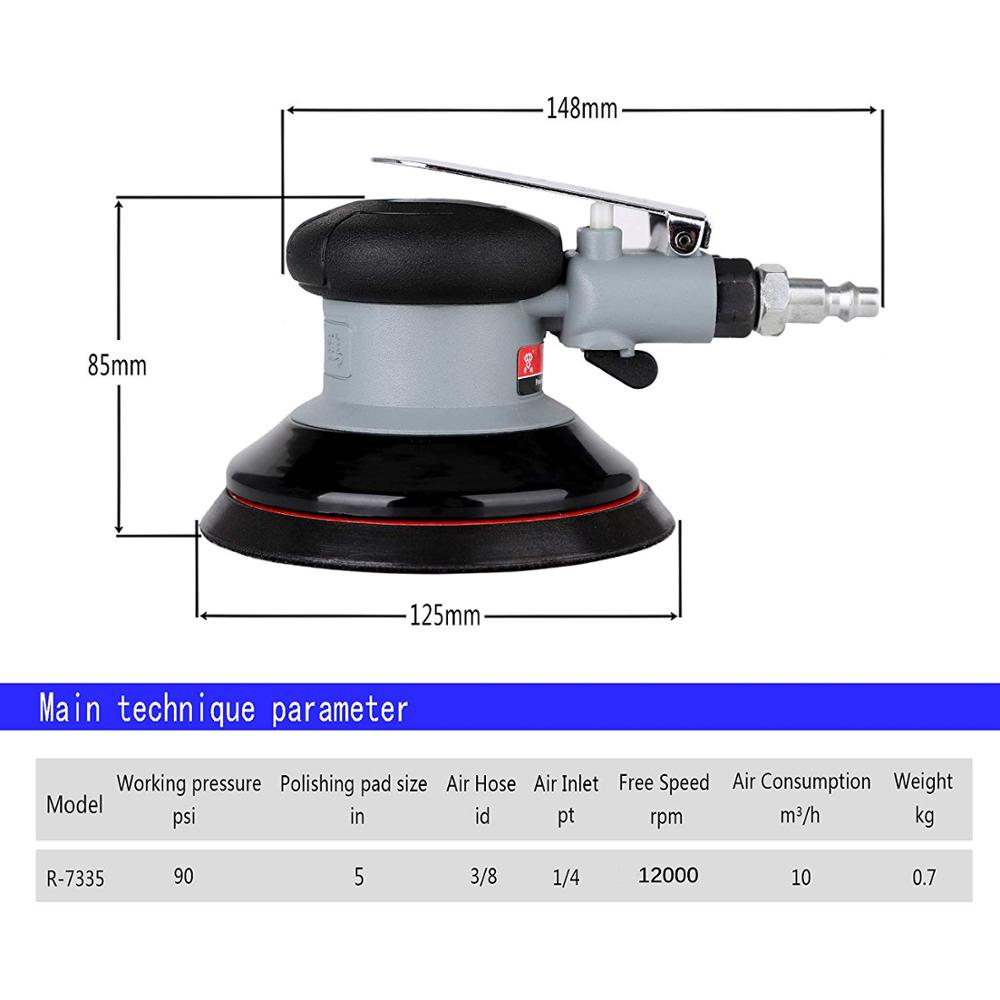 Air Random Orbital Sander 5" Dual Action Palm Sander 2.5mm Eccentricity Pneumatic Sander Low Vibration With Speed Regulation