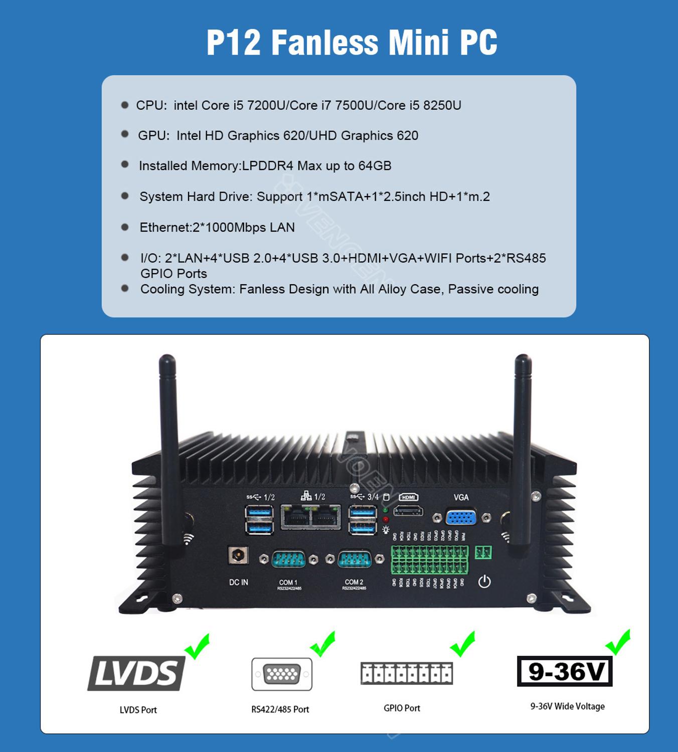 Rugged Mini pc server core i7 i5 8250U 8350U industrial fanless computer RS232/422/485 COM 2 gigabit lan thin client i5 4200U