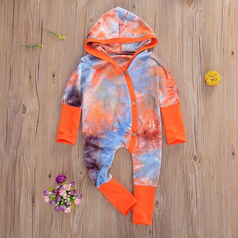 Infant Newborn Baby Romper, Tie-Dye Print Long Sleeve Hooded Starry Jumpsuit for Boys and Girls Spring Autumn